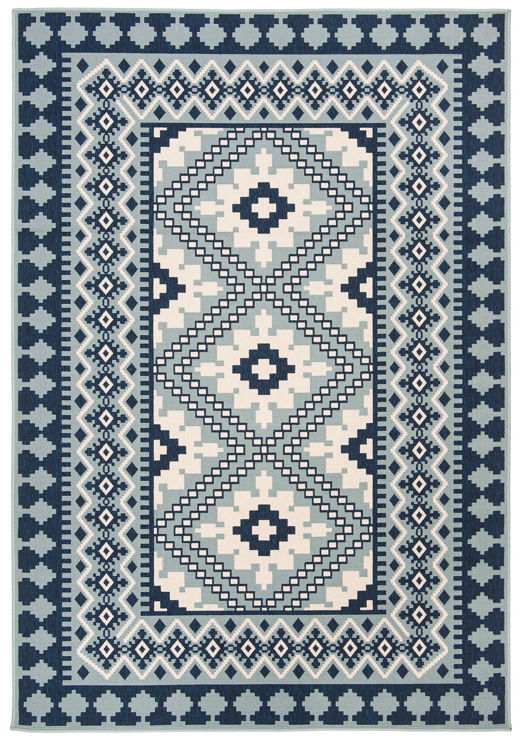 Safavieh Veranda Collection Accent Rug - 4' X 5'7', Ivory & Blue, Boho Design, Non-Shedding & Easy Care, Indoor/Outdoor & Washa